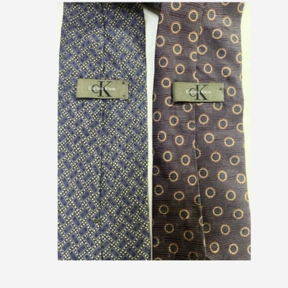 2 Calvin Klein Men Ties Classic Cut Brown/Yellow Circles Blue/Gray Squares Silk - Picture 3 of 3